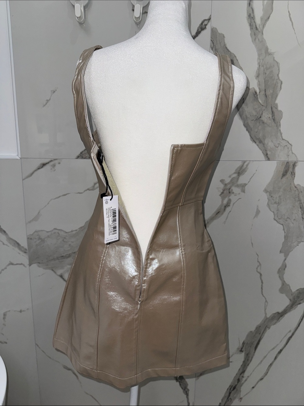 NWT Nasty Gal Metallic Taupe Faux Leather Square-Neck Mini Dress - Picture 10 of 11